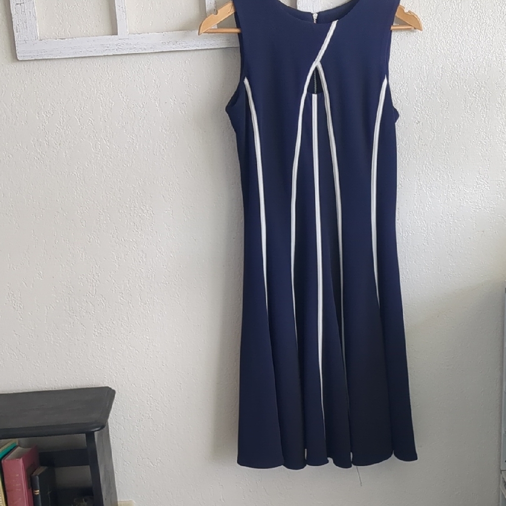 Elegant Navy Blue Dress with White Accents